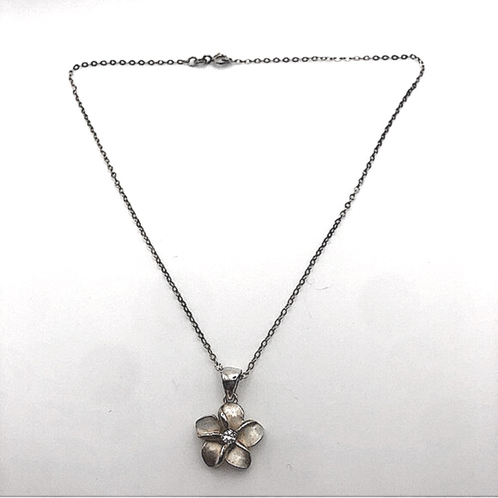 VTG Sterling Cz Floral Hawaiian Plumeria Flower Pendant & Short Chain 14” & .9”